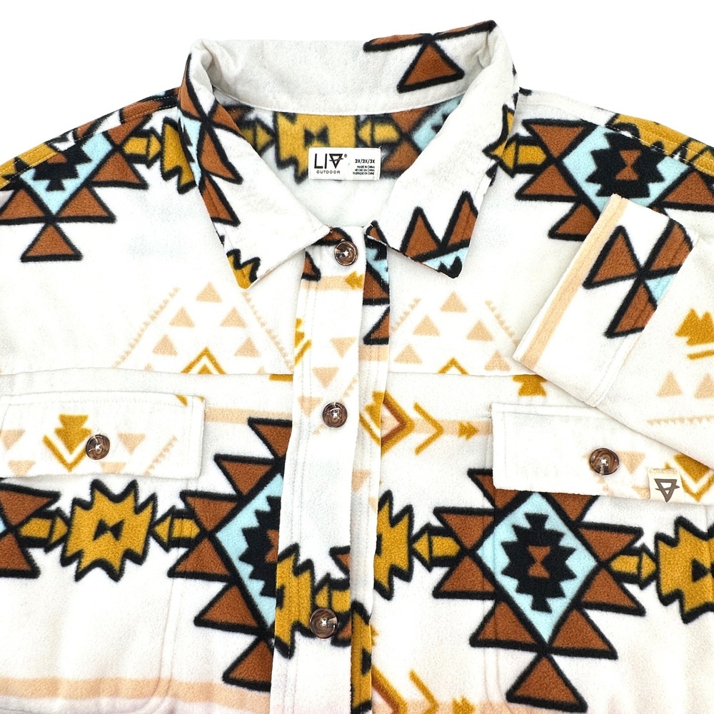 LIV‎ Outdoor Fleece Shirt Jacket Womens 3X White Geometric Southwestern NEW